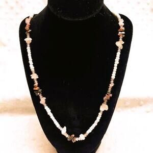 Vintage Glass Beads, Rose Quartz, Natural Polished Stone 17" Necklace